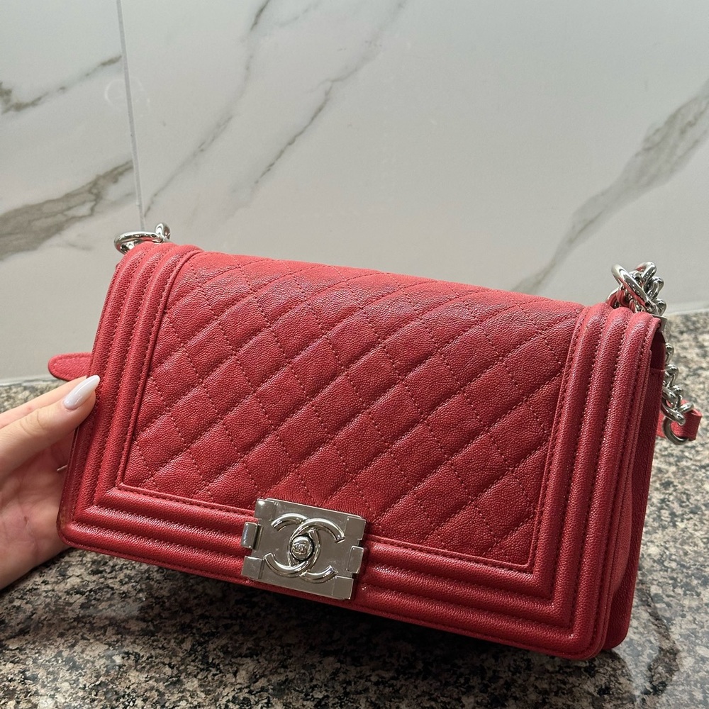 Chanel caviar, leather, medium red boy bag